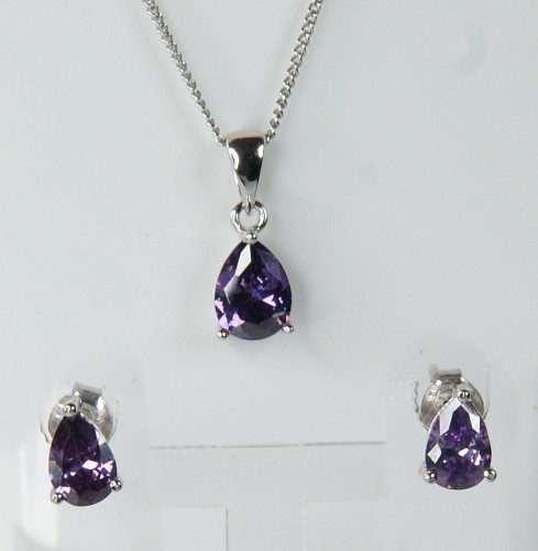 Sterling Silver/Amethyst Teardrop Stud Earrings and Pendant Set